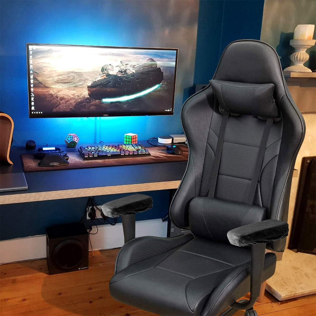 Ergonomic Memory Foam Office Chair Armrest Pads, Comfy Gaming Chair Arm Rest Covers for Elbows and Forearms Pressure Relief(Set of 2), Stretch Fit