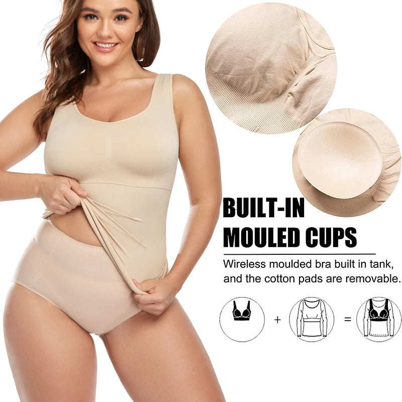 Women Cami Shaper with Built in Bra Tummy Control Camisole Tank Top Underskirts Shapewear Slimming Body Shaper Compression Vest
