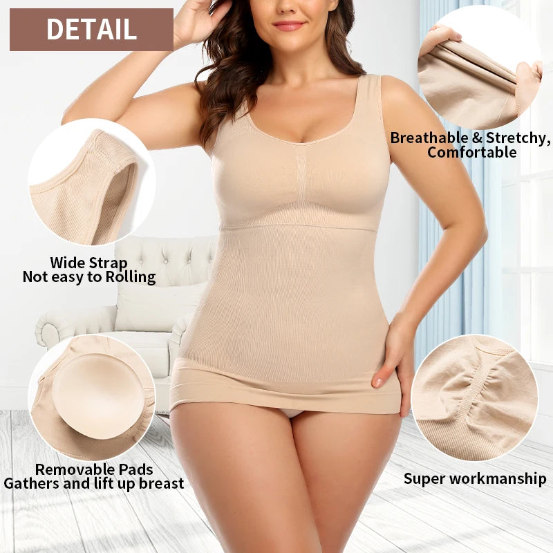 Women Cami Shaper with Built in Bra Tummy Control Camisole Tank Top Underskirts Shapewear Slimming Body Shaper Compression Vest