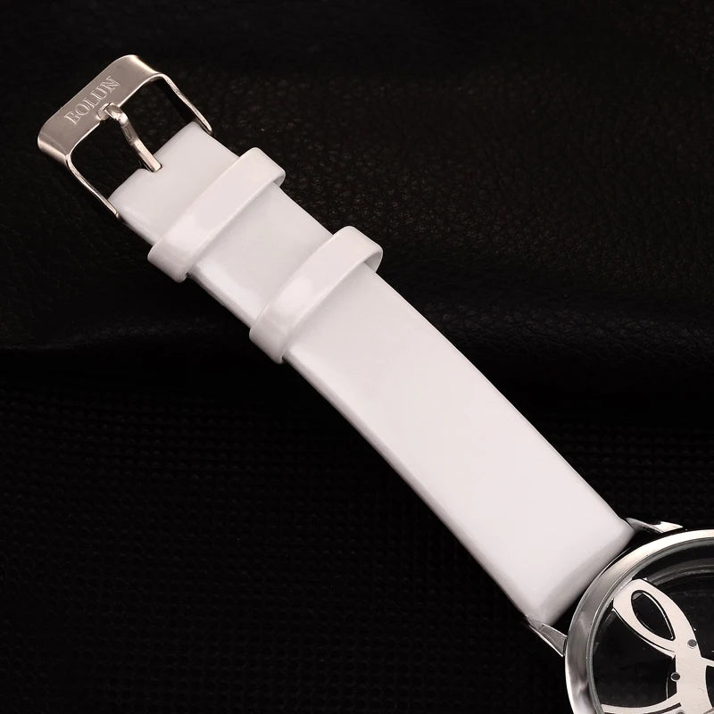 Music Shape Watch Round Dial Elegant Black White Leather Casual Watches Hollow Style Women Fashion Wristwatch