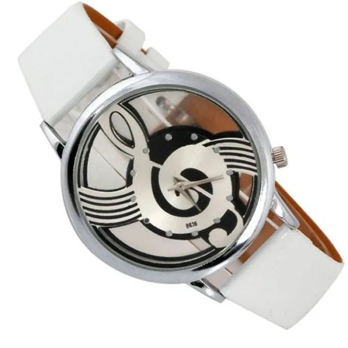 Music Shape Watch Round Dial Elegant Black White Leather Casual Watches Hollow Style Women Fashion Wristwatch