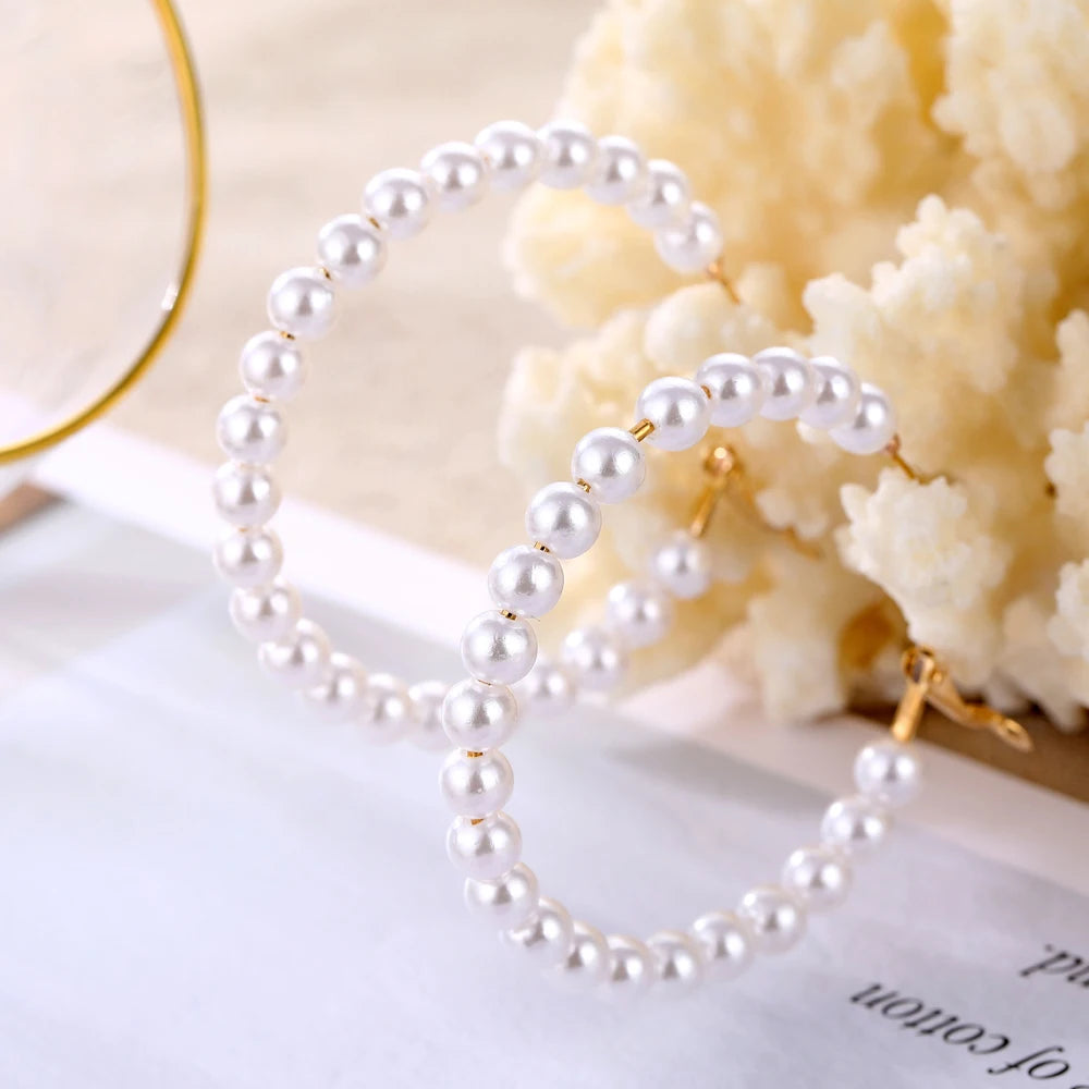 Fashion Korean Imitation Pearl Circle Hoop Earrings Women's Gold Color Round White Pearl Big Earrings Brincos Jewelry