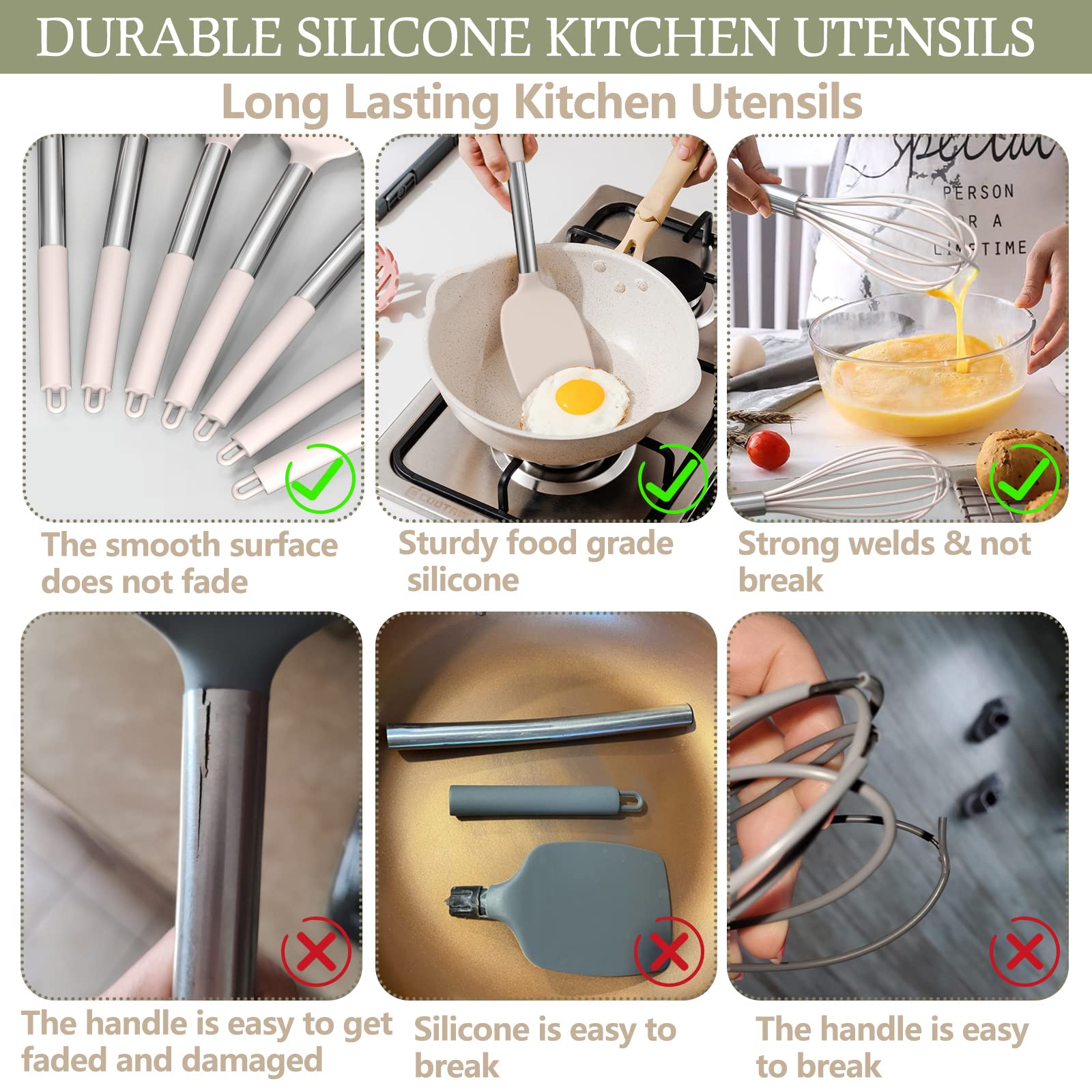 Silicone Cooking Utensils Set - 446°F Heat Resistant Silicone Kitchen Utensils for Cooking,Kitchen Utensil Spatula Set w Wooden Handles, BPA FREE Gadgets for Non-Stick Cookware