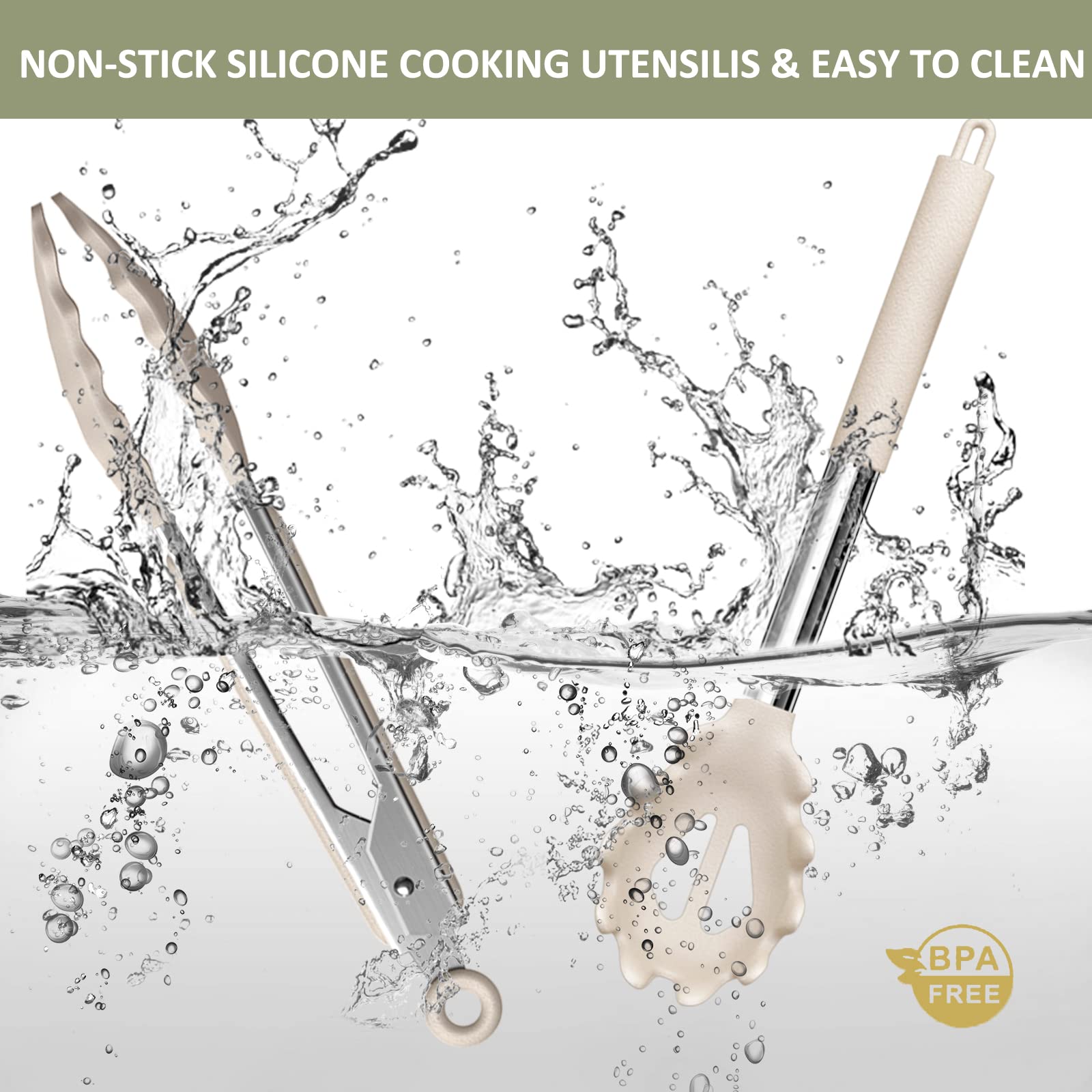 Silicone Cooking Utensils Set - 446°F Heat Resistant Silicone Kitchen Utensils for Cooking,Kitchen Utensil Spatula Set w Wooden Handles, BPA FREE Gadgets for Non-Stick Cookware