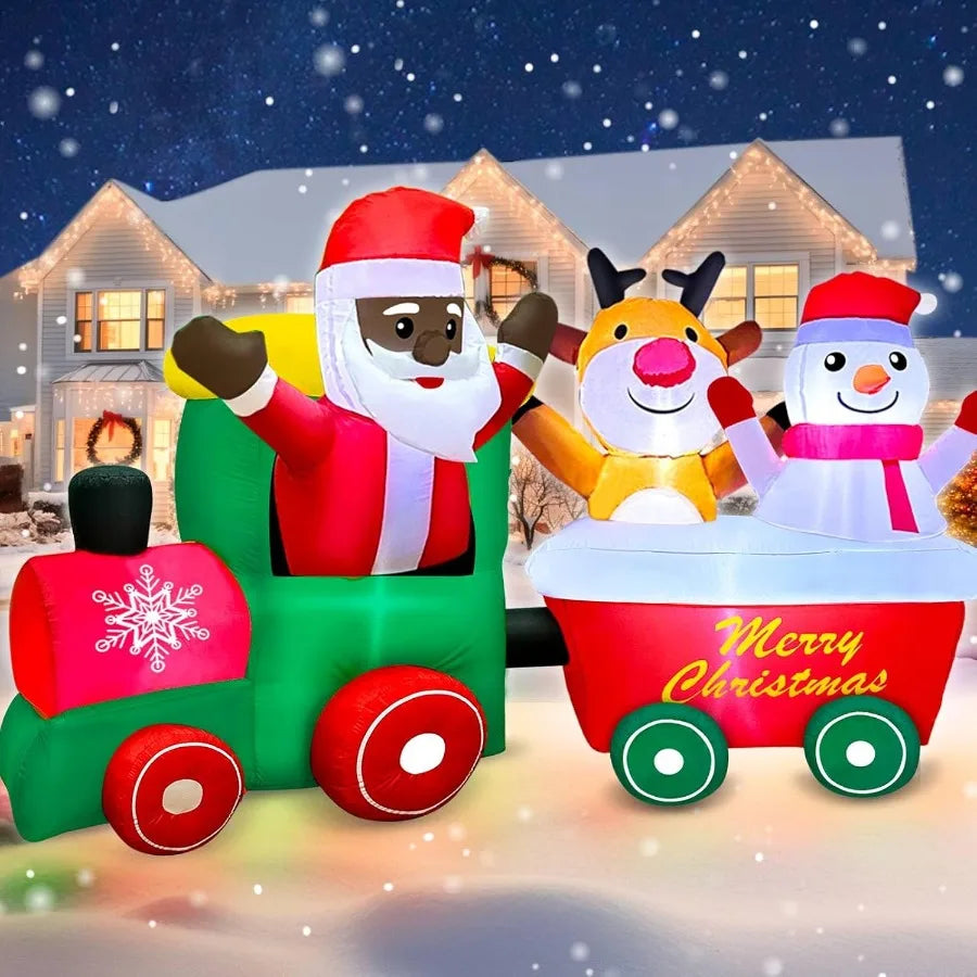 7 FT Long Christmas Inflatables Train Outdoor Decoration Christmas Blow Up Yard Decor with Black Santa Claus Driving Snowman El