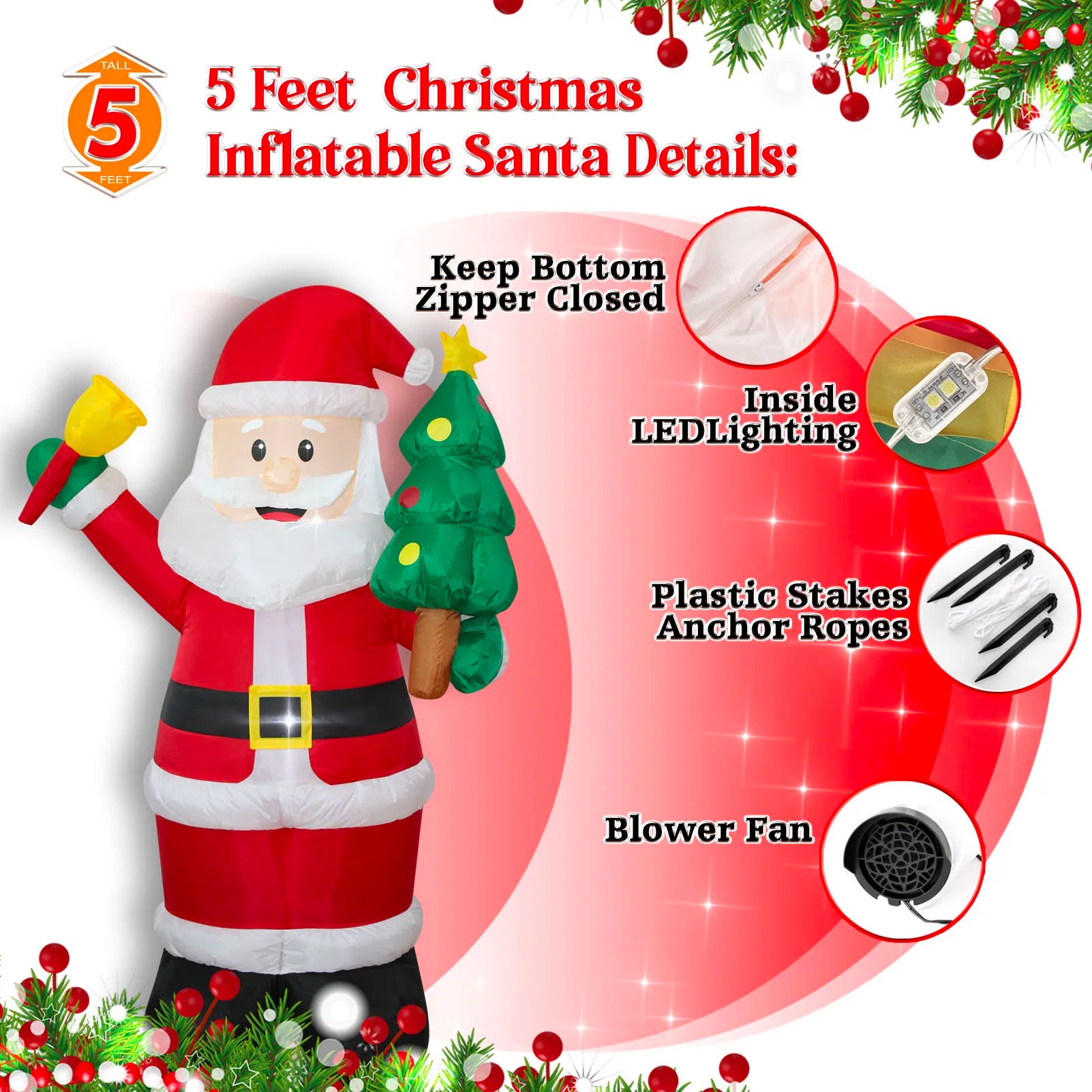 1.5m Christmas Inflatable Santa with Tree LED Lighted Blow Up Outdoor Yard Lawn Decoration for Home Garden Winter Holiday Party