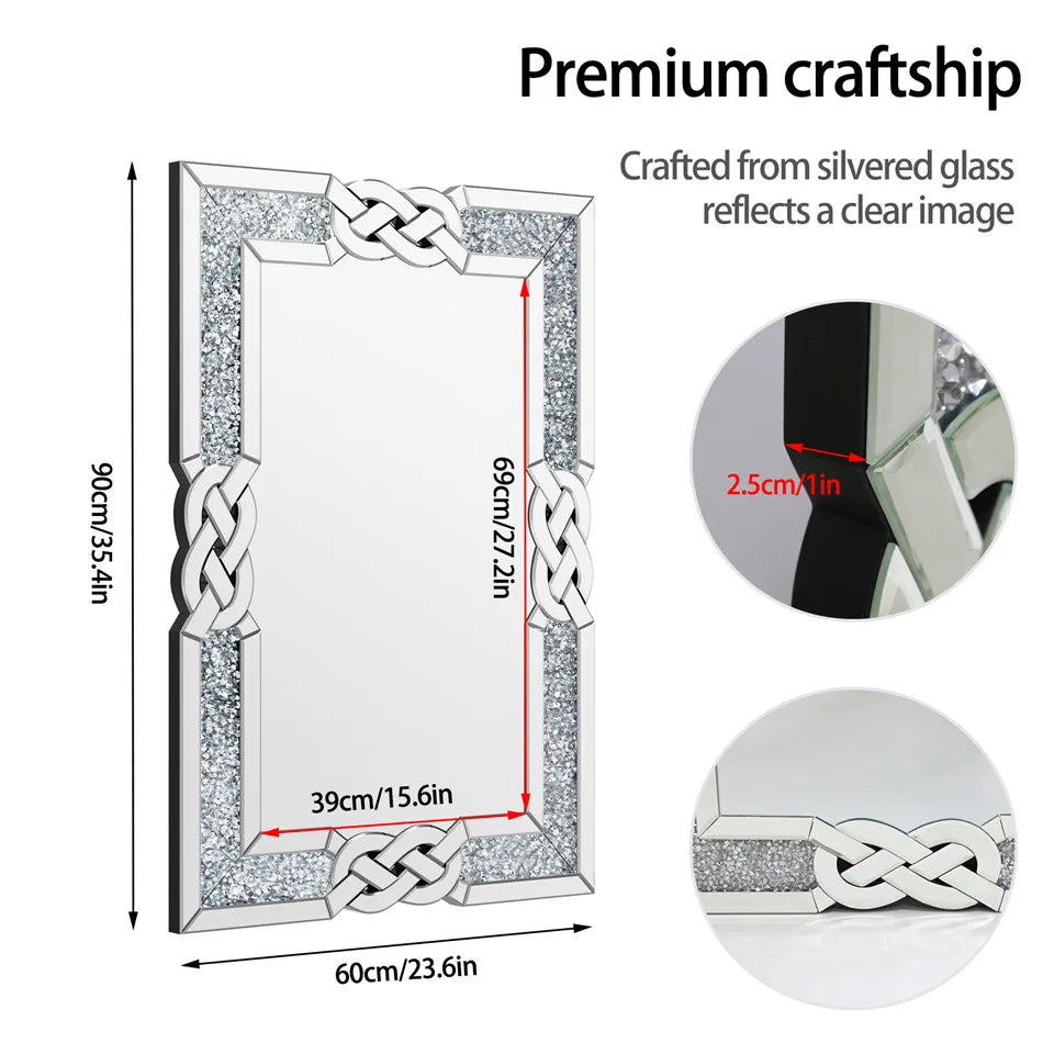 LUVODI Large Crush Diamond Full Body Wall Mirror Artistic Silver Bathroom Vanity Mirror