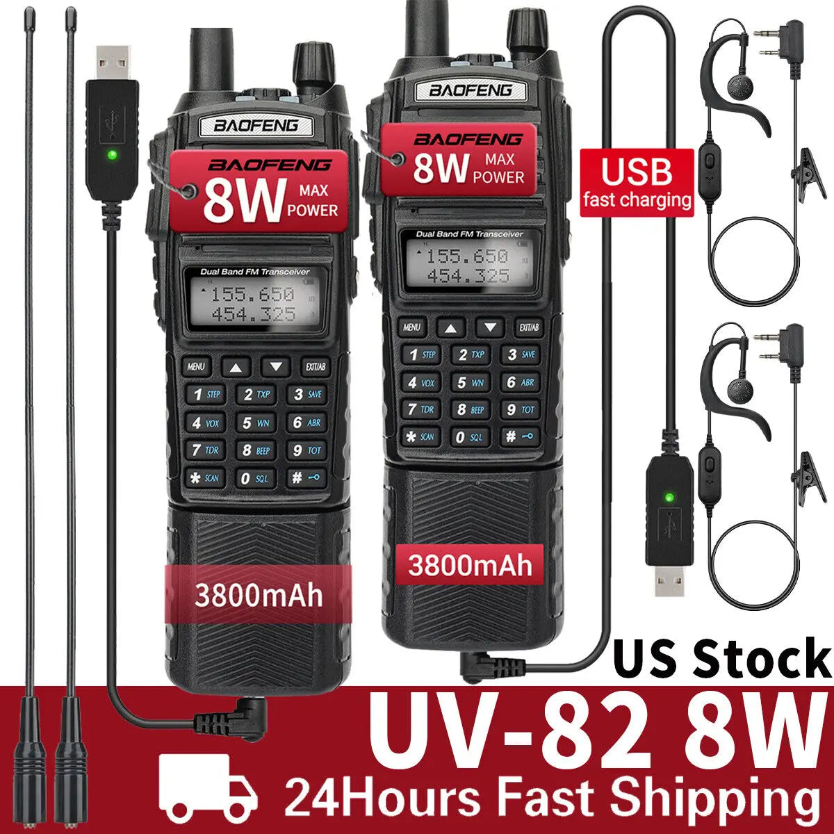 1/2PCS BAOFENG UV-82 8W Walkie Talkie 3800mAh Battery UV82 Dual Band VHF UHF Long Range Emergency Ham Radio Station for Outdoor