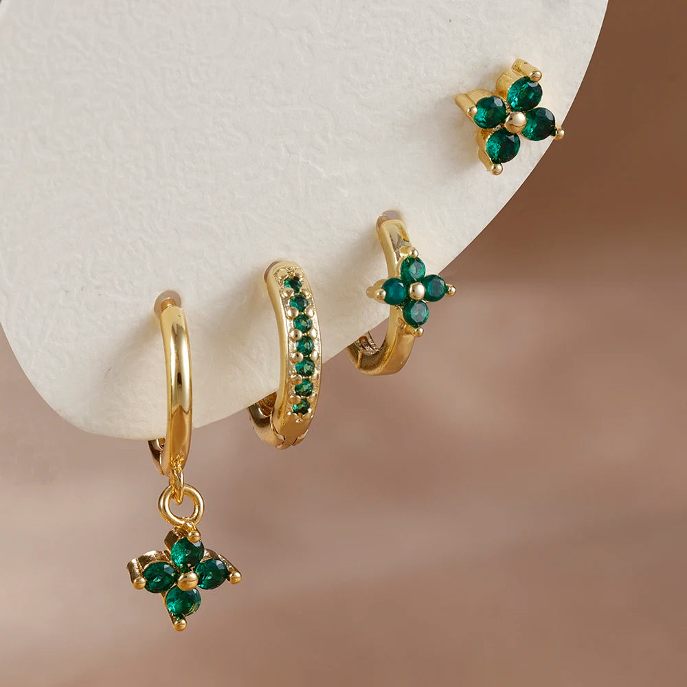 4pcs Fashion Cubic Zirconia Flower Hoop Earrings Set 18K Gold Plated Stainless Steel Stud Earring Piercing Jewelry aretes mujer