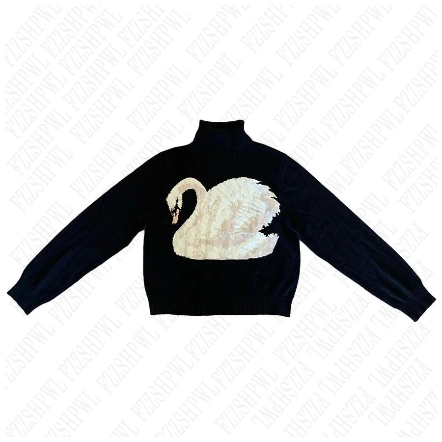 Black Swan Graphic Print Women Sweet Cute Turtleneck Knitted Sweater Y2K Style Winter Harajuku High Street Casual Warm Pullover