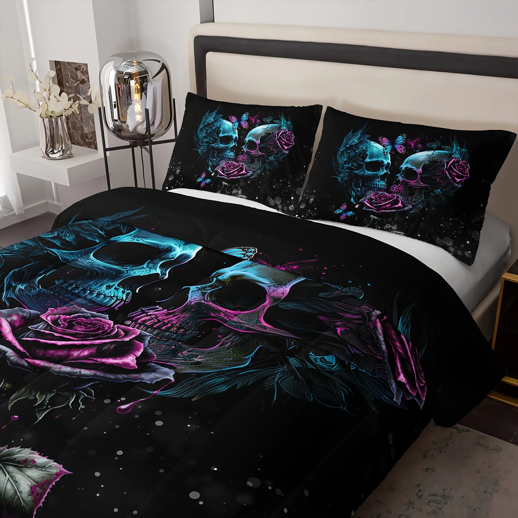 3pcs Skull Bedding Set Queen Size, Goth Bedding Sets Queen Skull Comforter Set, Rose Comforter Halloween Skull cover