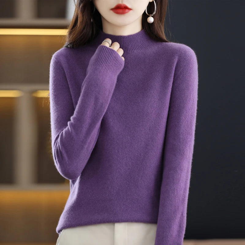 New Fashion Autumn And Winter Pure Wool Sweater Top Women's Semi-Turtleneck Solid Color Long-Sleeved Fashion Pullover Sweater101