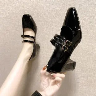 2024 Spring Autumn Women Double Buckle Mary Janes Patent Leather Dress Shoes High Heels Pumps Retro Ladies Shoe Black Red