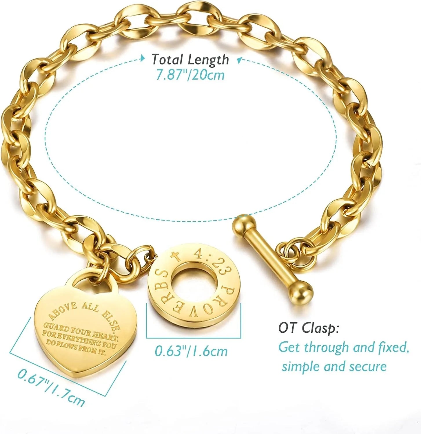 Love Pendant Link Chain OT Clasp Birthday Heart Jewelry Gift Bracelet for Women Bible Verse Bracelet Silver Gold Bracelet