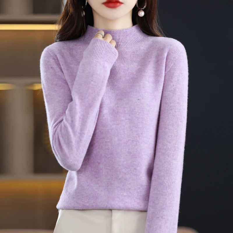 New Fashion Autumn And Winter Pure Wool Sweater Top Women's Semi-Turtleneck Solid Color Long-Sleeved Fashion Pullover Sweater101