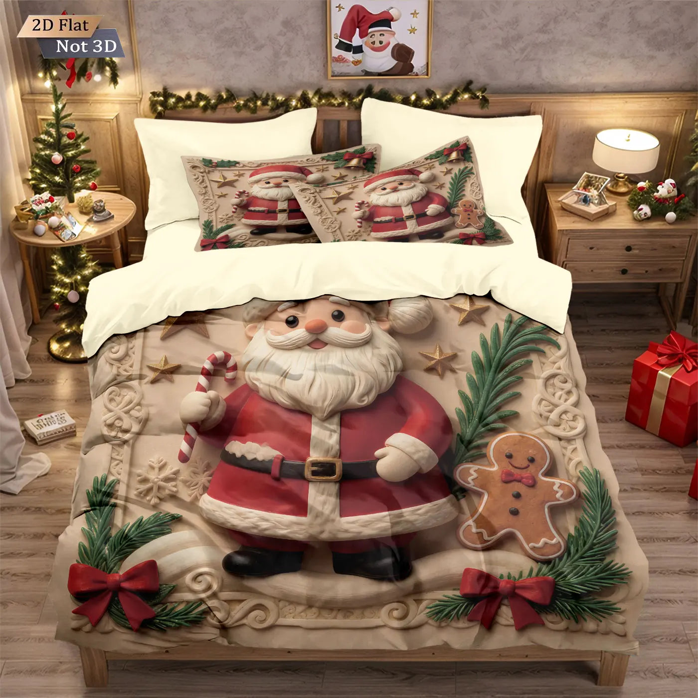 3pcs imitation relief Santa Claus print coreless duvet set, multi size bedroom bedding, holiday decoration, machine washable