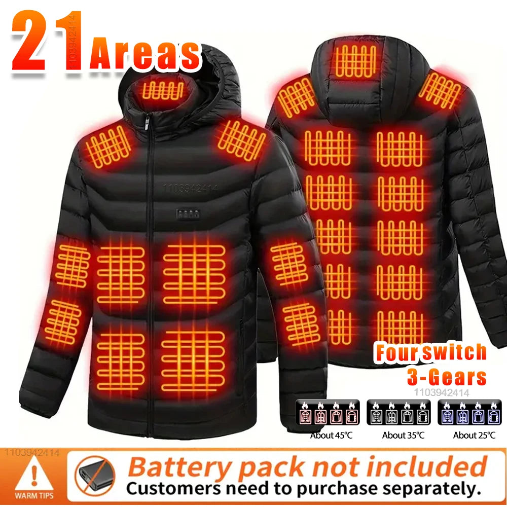 New Heated Jacket Men Women Coats 9/21 Areas USB Self Heated Clothing Winter Ski Camping Heated Down Jacket with Detachable Hood