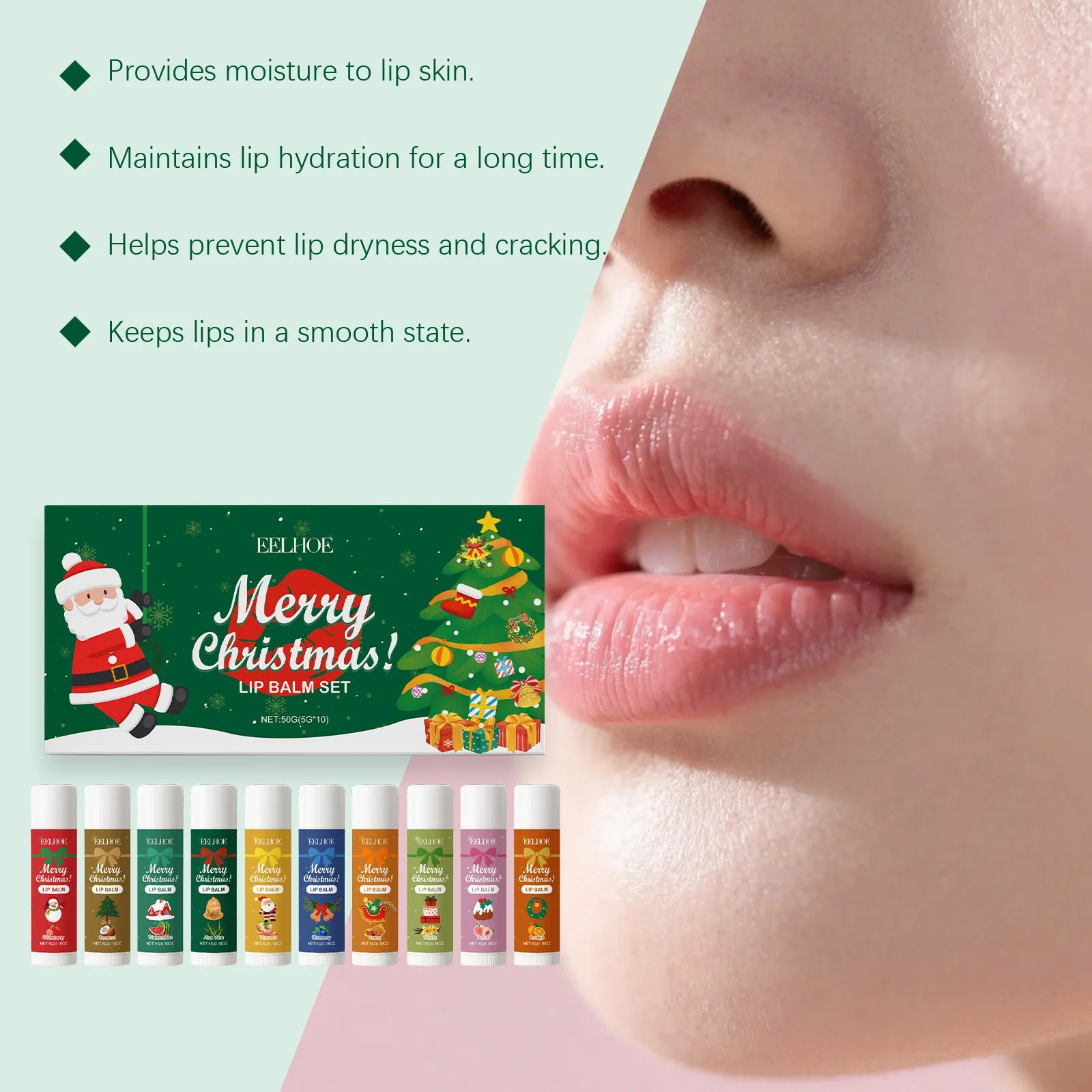 10PCS/Box Christmas Lip Moisturizing Set Deep Moisturizing Lip Color Brightening Plump Lip Care Gift Set for Women Girls