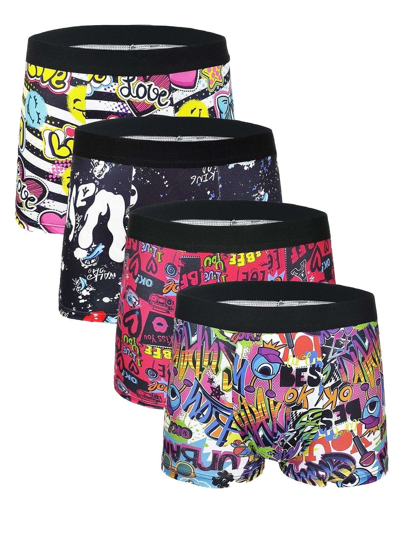 Men's 4-Pack Polyester Boxer Briefs - Graffiti Art Print, Black Waistband Underwear Set