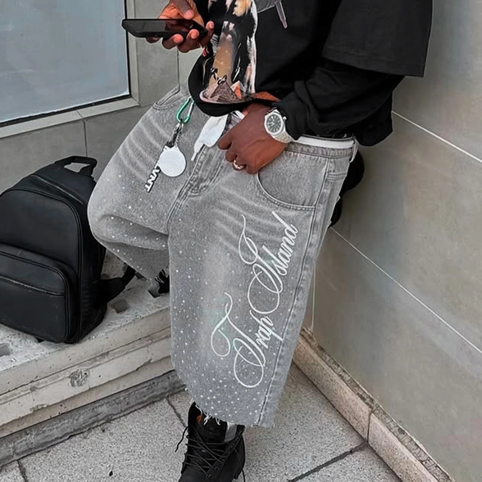 Men's Summer Casual Denim Shorts Knee Length Trendy Letter Embroidered Rhinestone Jeans Shorts Fashion Streetwear