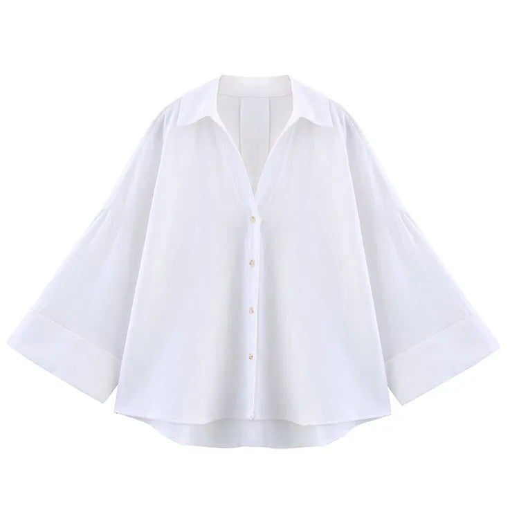 HipSeam Wide Sleeved Shirt Women Spring Asymmetric Hem Button Women's Shirts Simple Lady Johnny Collar Linen Shirts & Blouses