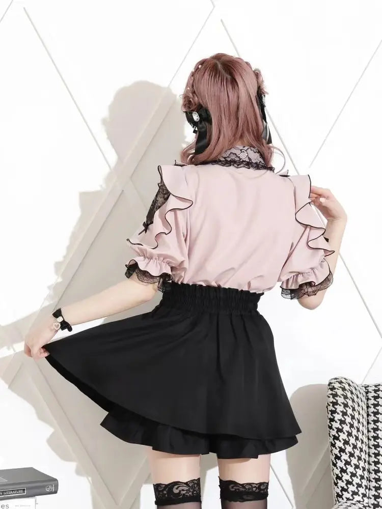 Noemi Inspired Ruffle Bow Top - Japanese Dark Femme Off-Shoulder Blouse, Lace Trim Bell Sleeve Shirt for Yami Kawaii & Lolita