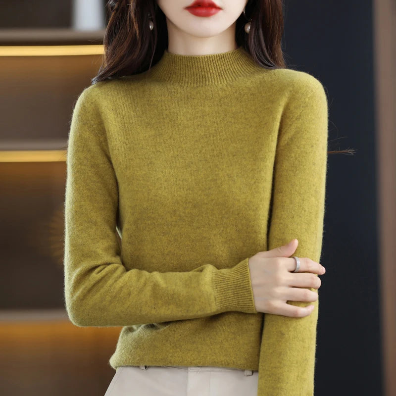 New Fashion Autumn And Winter Pure Wool Sweater Top Women's Semi-Turtleneck Solid Color Long-Sleeved Fashion Pullover Sweater101
