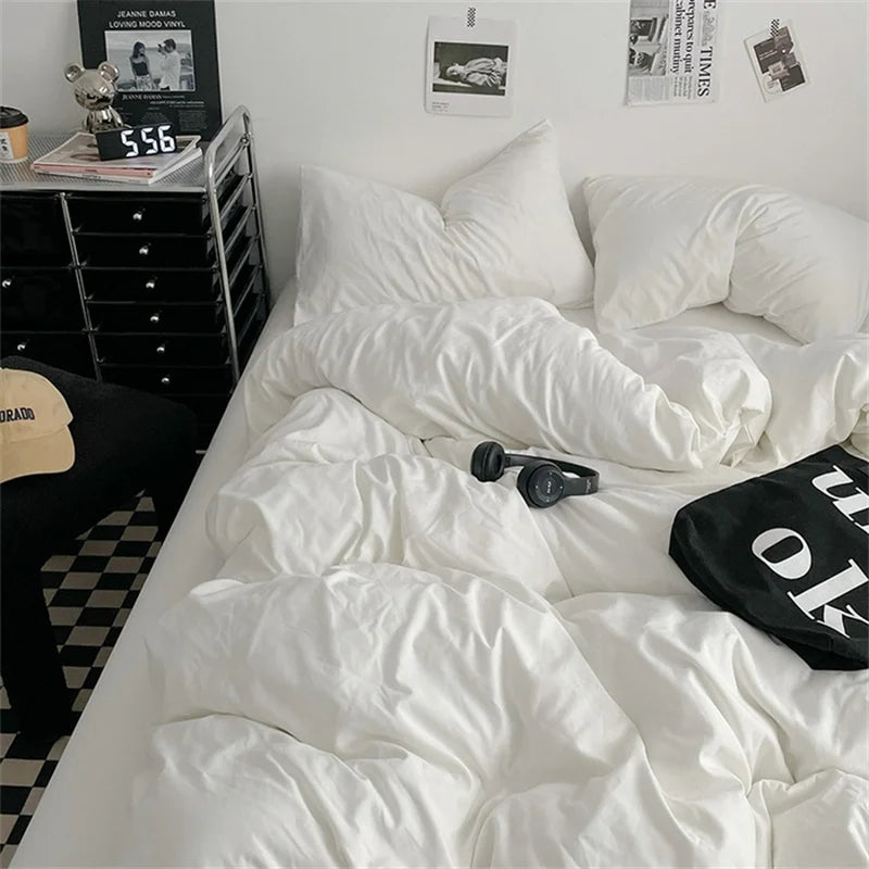 100% Cotton Bed Linen Bedding Set Washed Cotton Four Pieces Bed Sheet Set Comforter Sets Dolid Double Couple Bed Quilt Cover