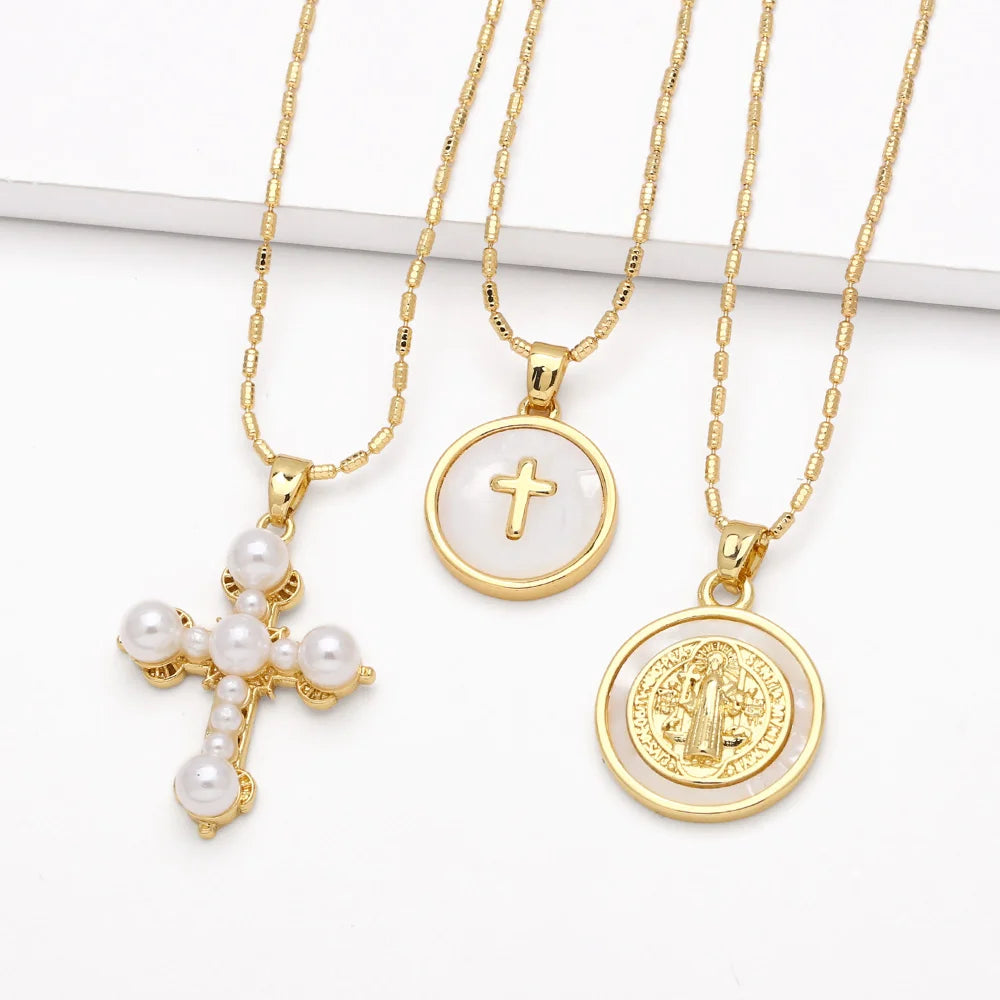 Round San Benito Necklaces for Women Gold Plated Cross Necklaces Religious Amulet Jewelry Gifts nkev31