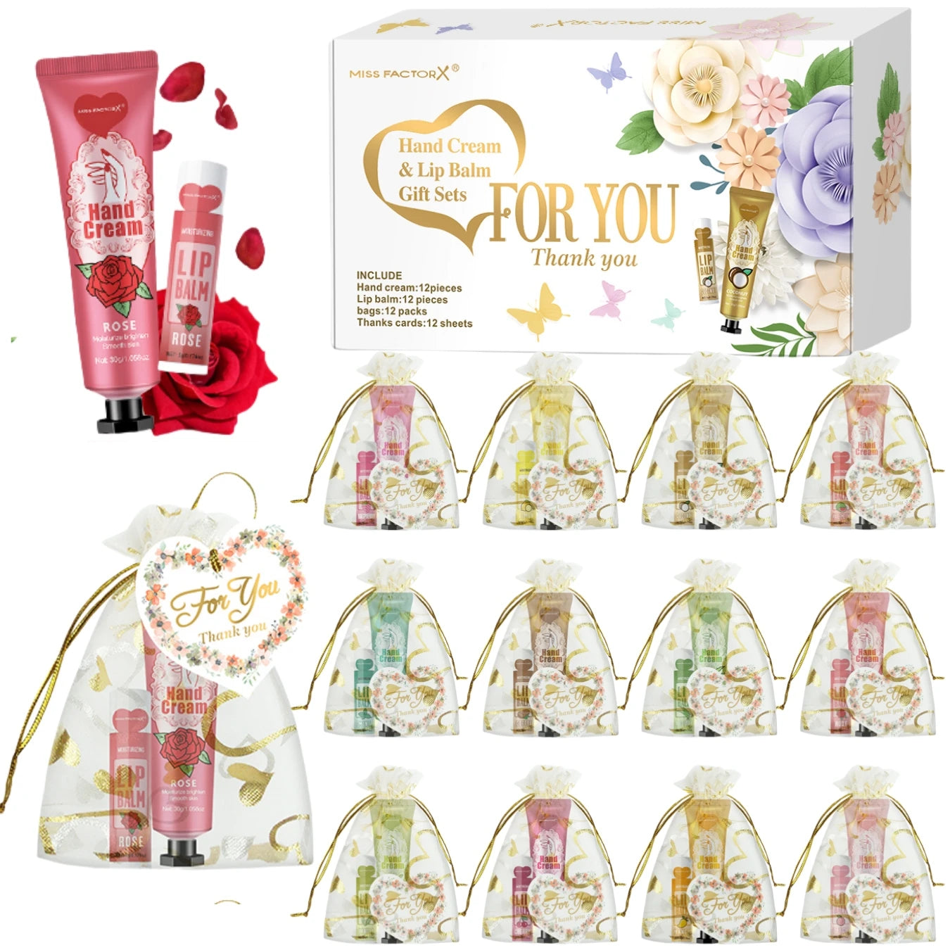 12 Hand gift Hand cream and lip balm set Friends Party Gift with love net bag and thank you card Holiday gift