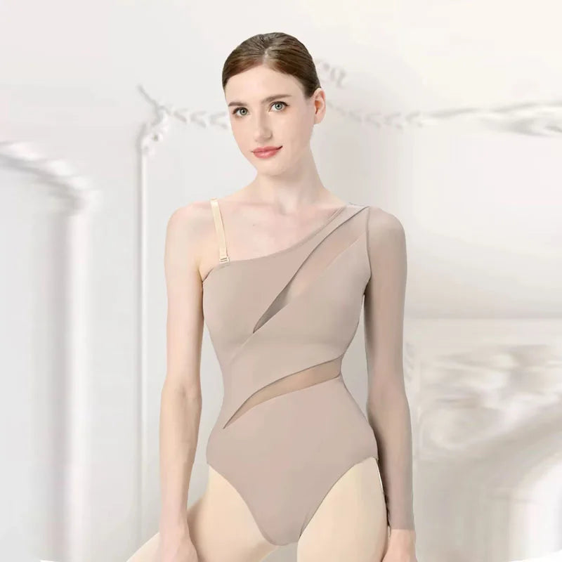 New Ballet Dance Leotards for Girls Women  Mesh Splicing Diagonal sleeved irregular Long Sleeves Gymnastics Lyrical Stage Costum