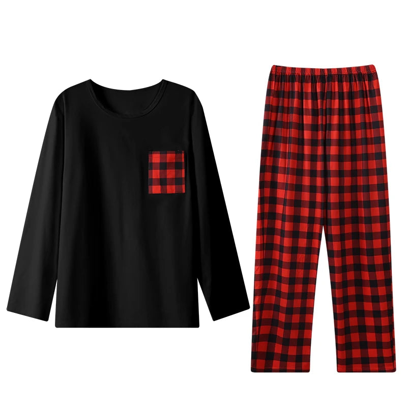 Two piece sets men's pajamas autumn and winter long sleeved pants checkered sleepwear set