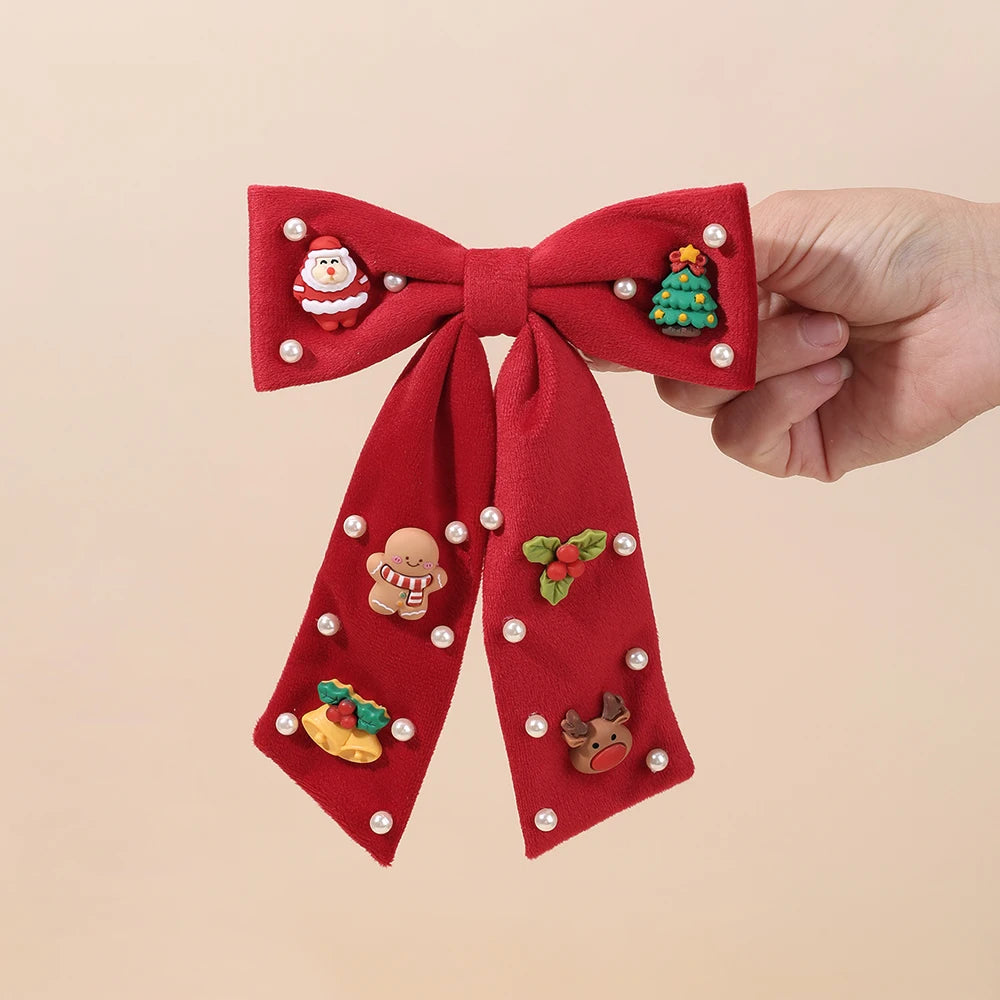 Kids Christmas Rhinestone Bow Hair Clip Cute Santa Claus Cartoon Reindeer Hairpins For Girls New Year Decor Accessories Gift