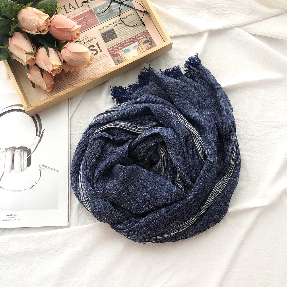 Cotton Linen Men Scarf Autumn Winter Black Navy Striped Tassel Scarves Men's Shawl Wrap Fashion Male Accessories Bufandas