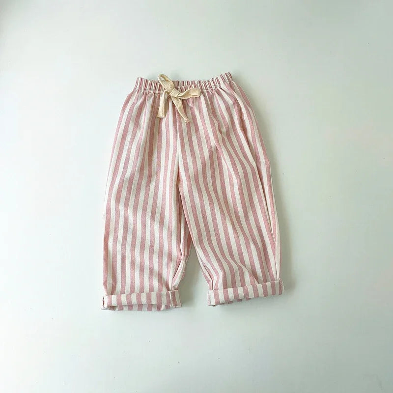 Children's Clothing Vintage Linen Cotton Stripe Pants Baby Boy Girl Casual Shorts Spring Summer Girls Loose Trousers and Shorts
