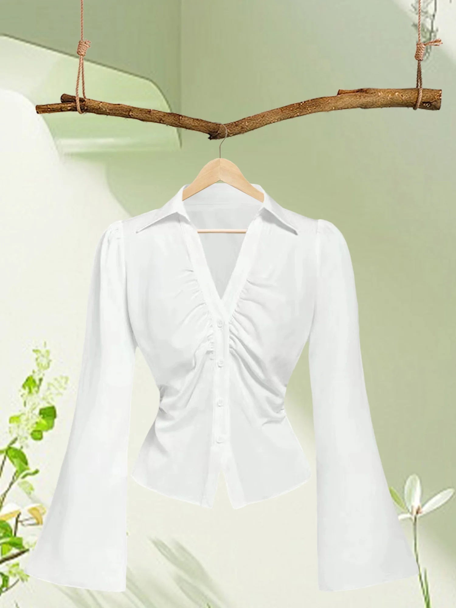 Women s Elegant Ruffle Sleeve Blouse Solid Color Lapel V-Neck Button Down Casual Shirt Spring Fall Fashion Tops