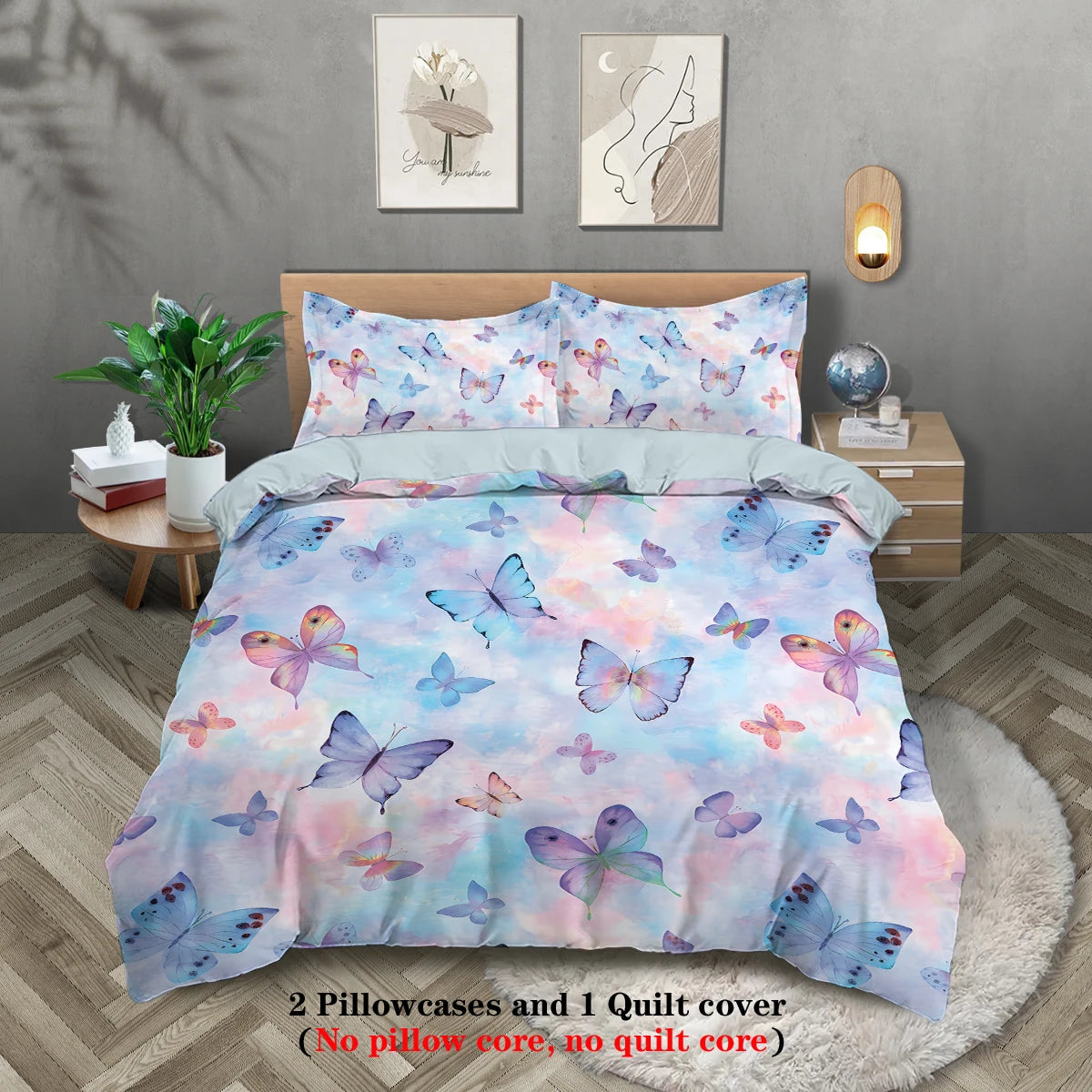 3pcs watercolor purple butterfly printed bedding set, soft and comfortable, for women bedroom, queen, king and twin bed