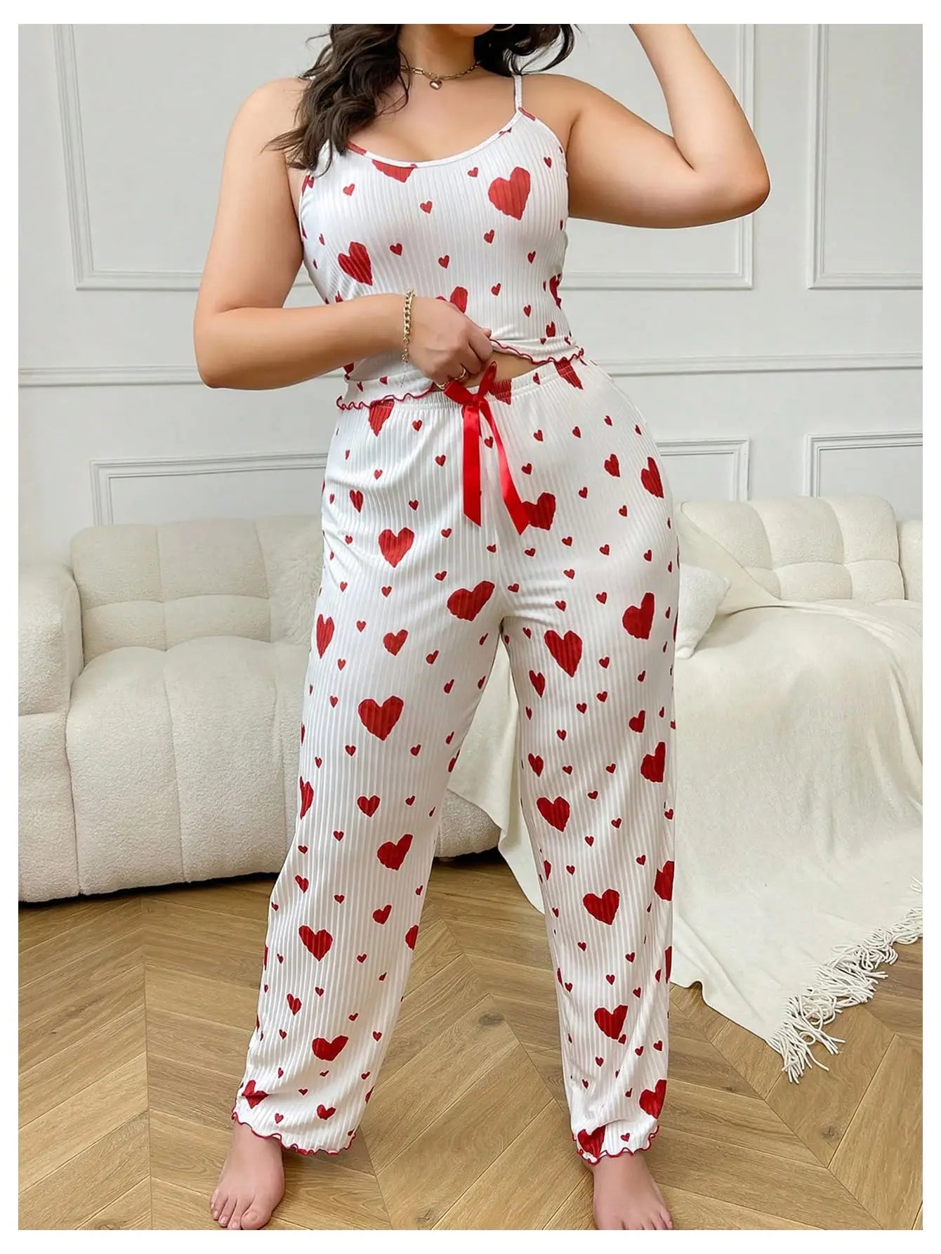 Plus Size Women Pajamas Set 2 Piece Sleeveless Vest and Trousers White Soft Breathable Sleepwear Casual Red Heart Print