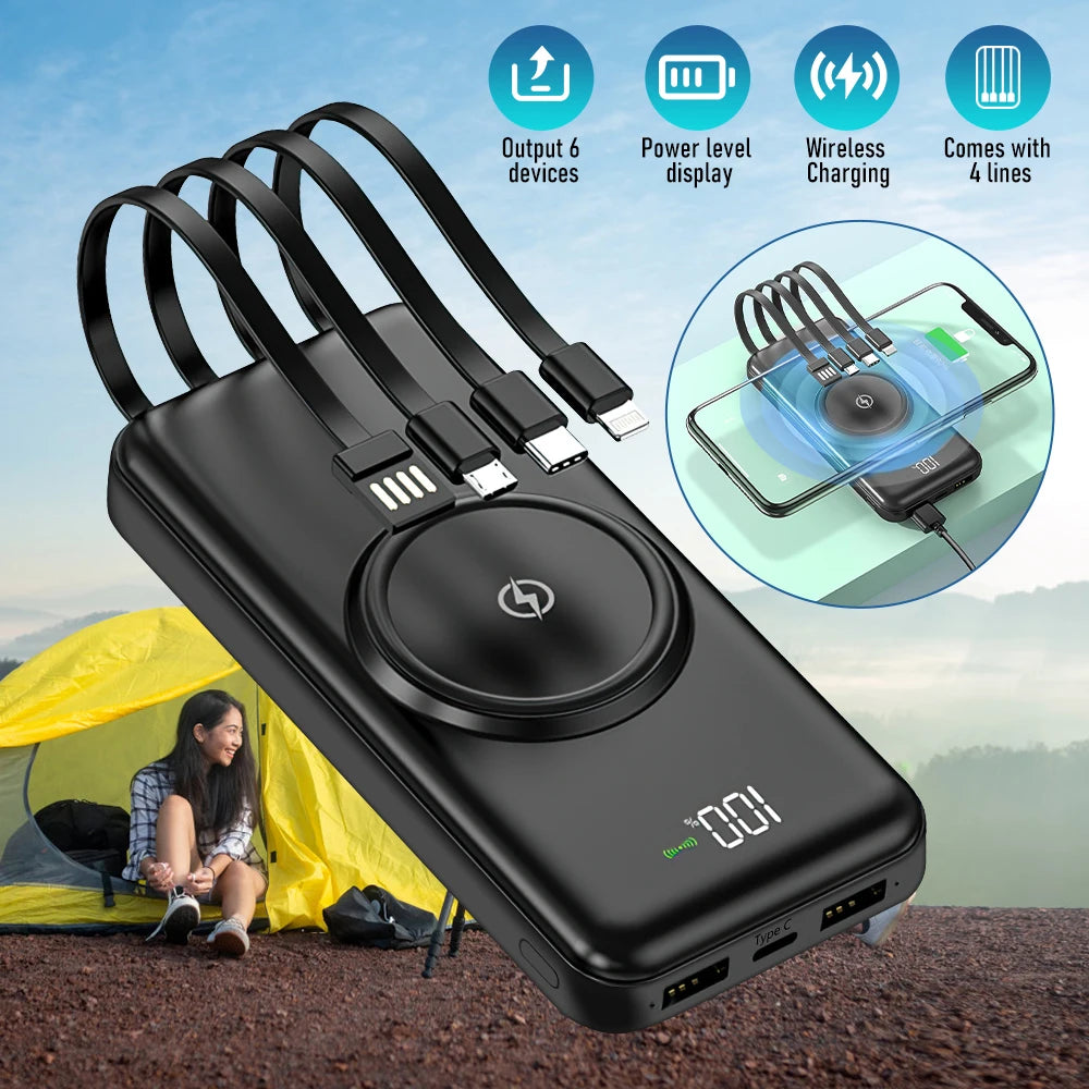 20000mAh Wireless Power Bank Fast Charging Built-in Quad Power Cable Mobile Phone Charger For Iphone 13 14 15 Xiaomi Samsung