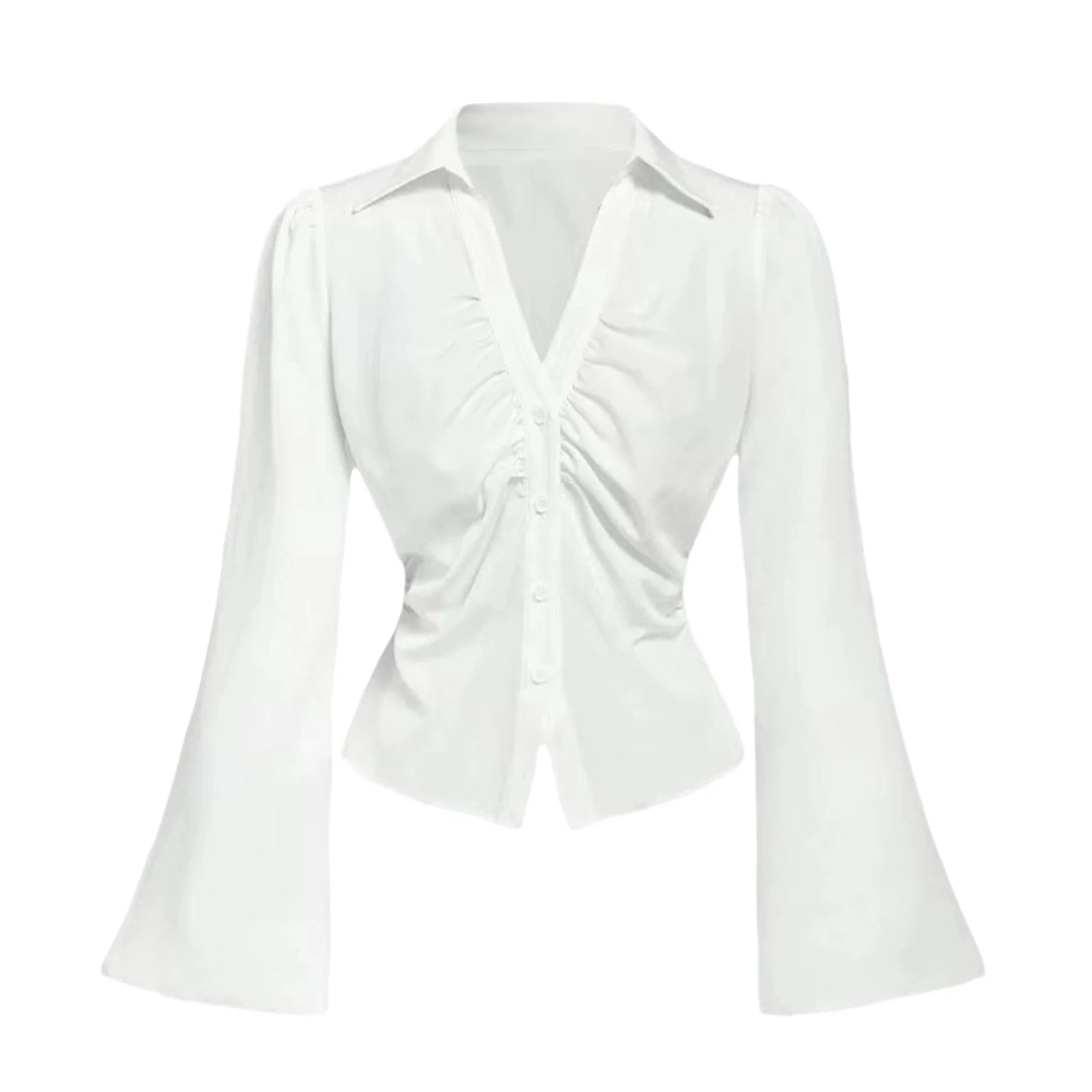 Women s Elegant Ruffle Sleeve Blouse Solid Color Lapel V-Neck Button Down Casual Shirt Spring Fall Fashion Tops