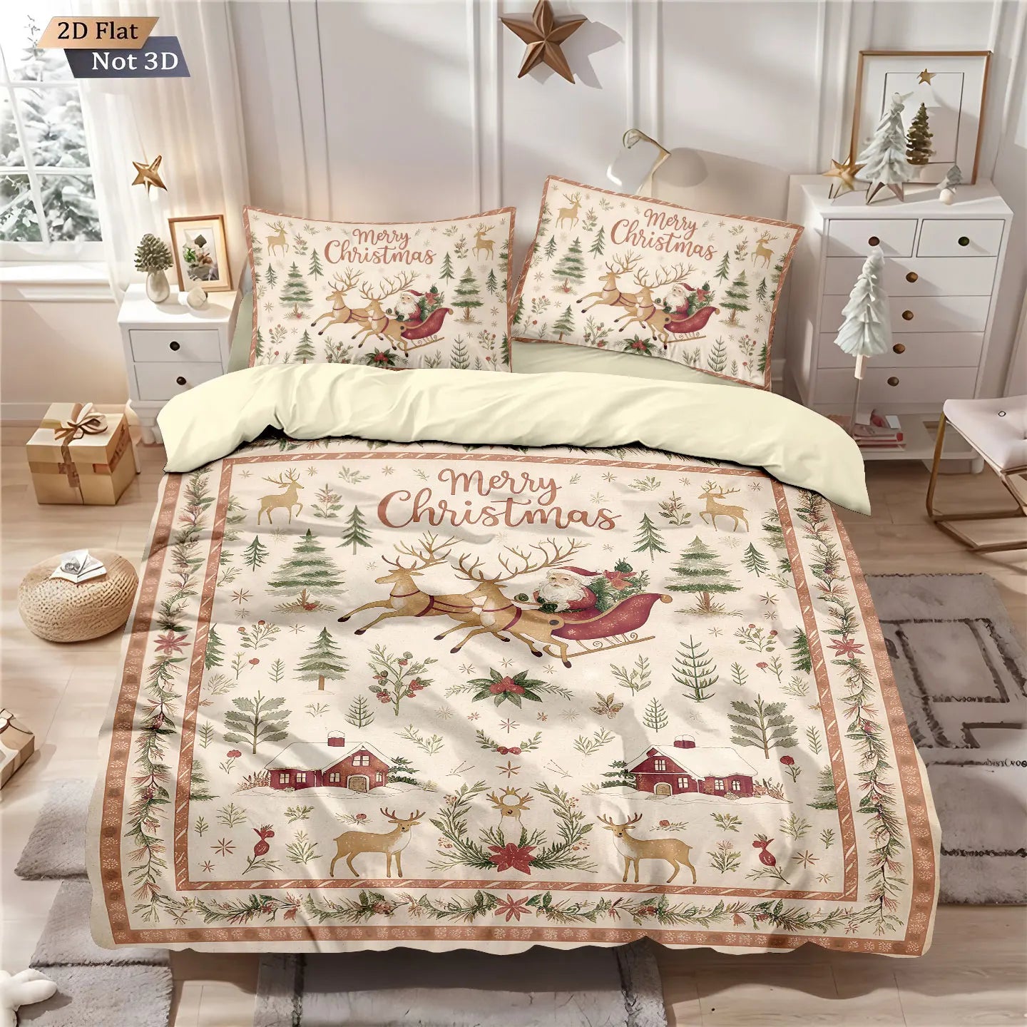 3pcs Santa Claus printed coreless bedding set, multi size bedroom dormitory duvet covers, soft and machine washable decoration