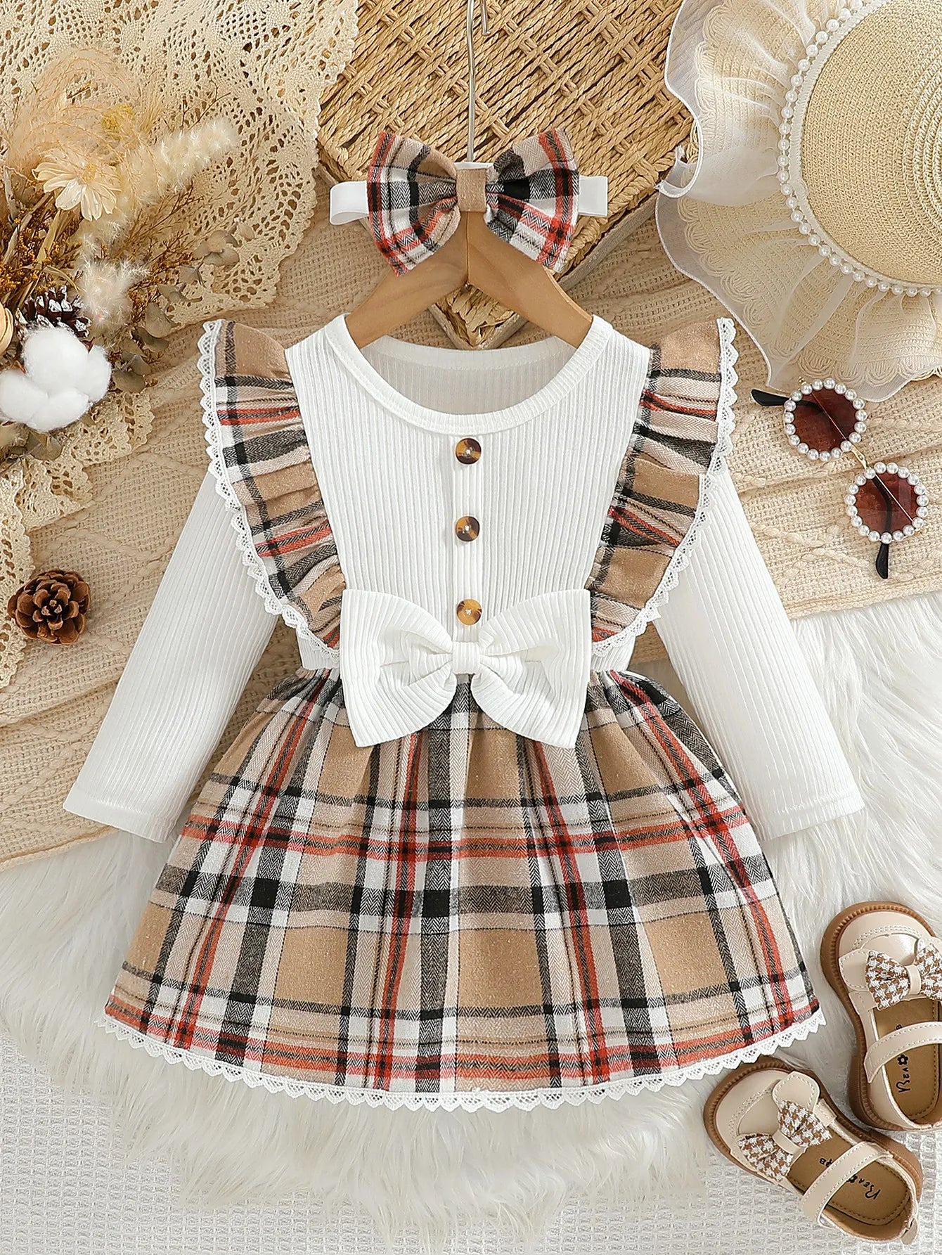 Baby girl's new fashionable plaid patchwork groove lace design bow dress and headband