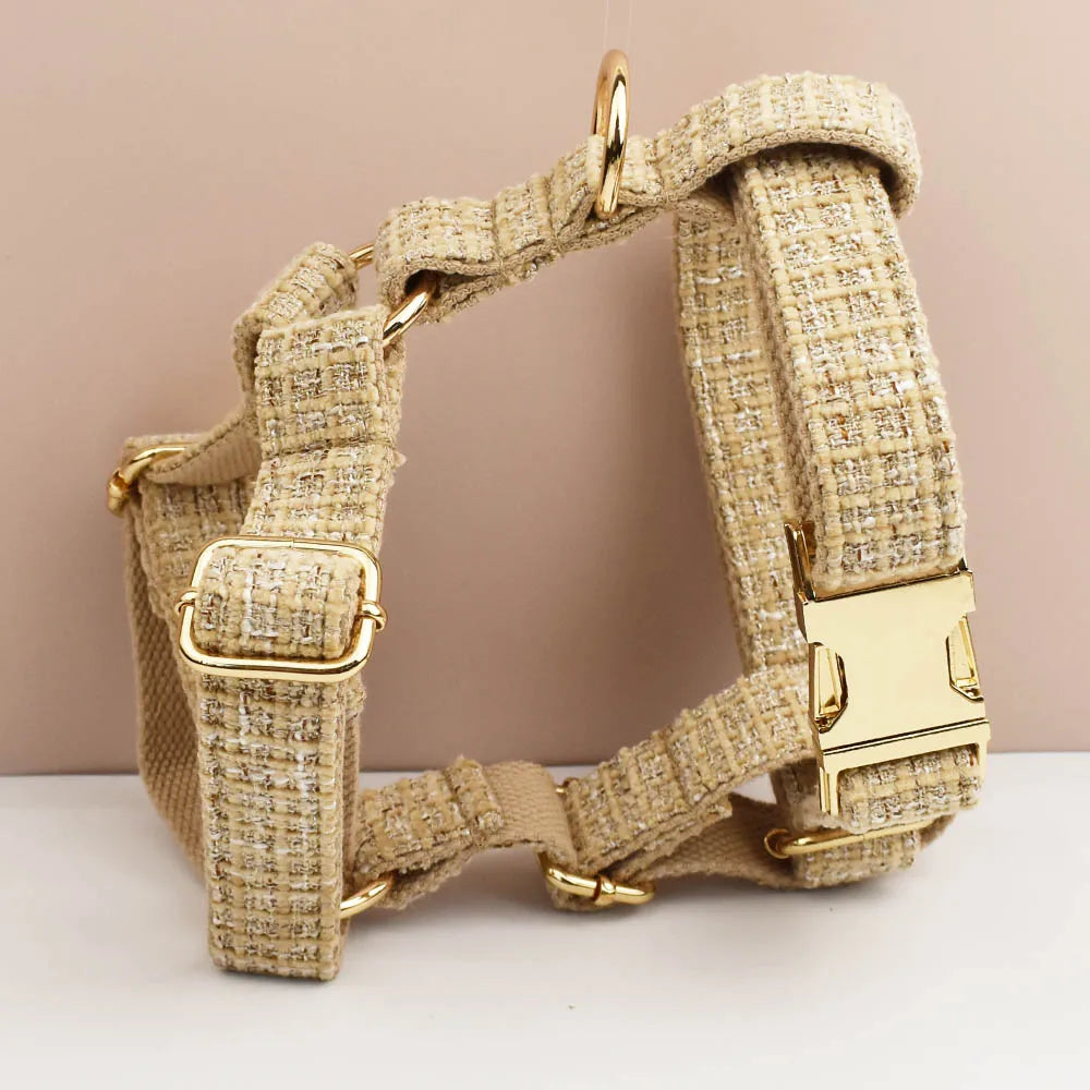 Light Khaki Dog Collar Harness And Leash Set with Custom Engraved Nameplate Personalized Pet Supplies for Dogs