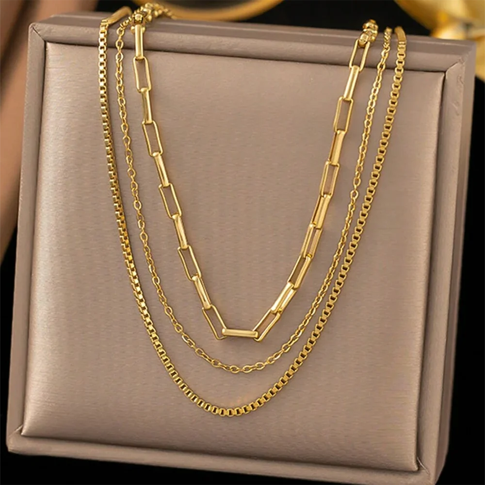 DGIDDK Stainless Steel Chain Triple Necklace Set Versatile Fashion Hollowing Can Be Stacked Wear Personalized Female Jewelry