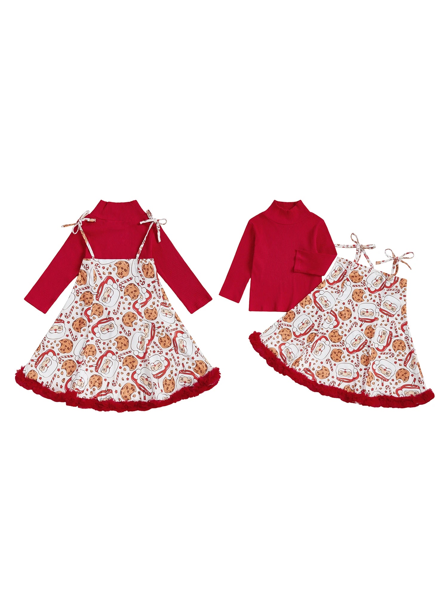 Women s Christmas Outfit Red Plaid Long Sleeve High Neck Ribbed Tops Snowman Print Suspender Skirt Set with Bow Detail