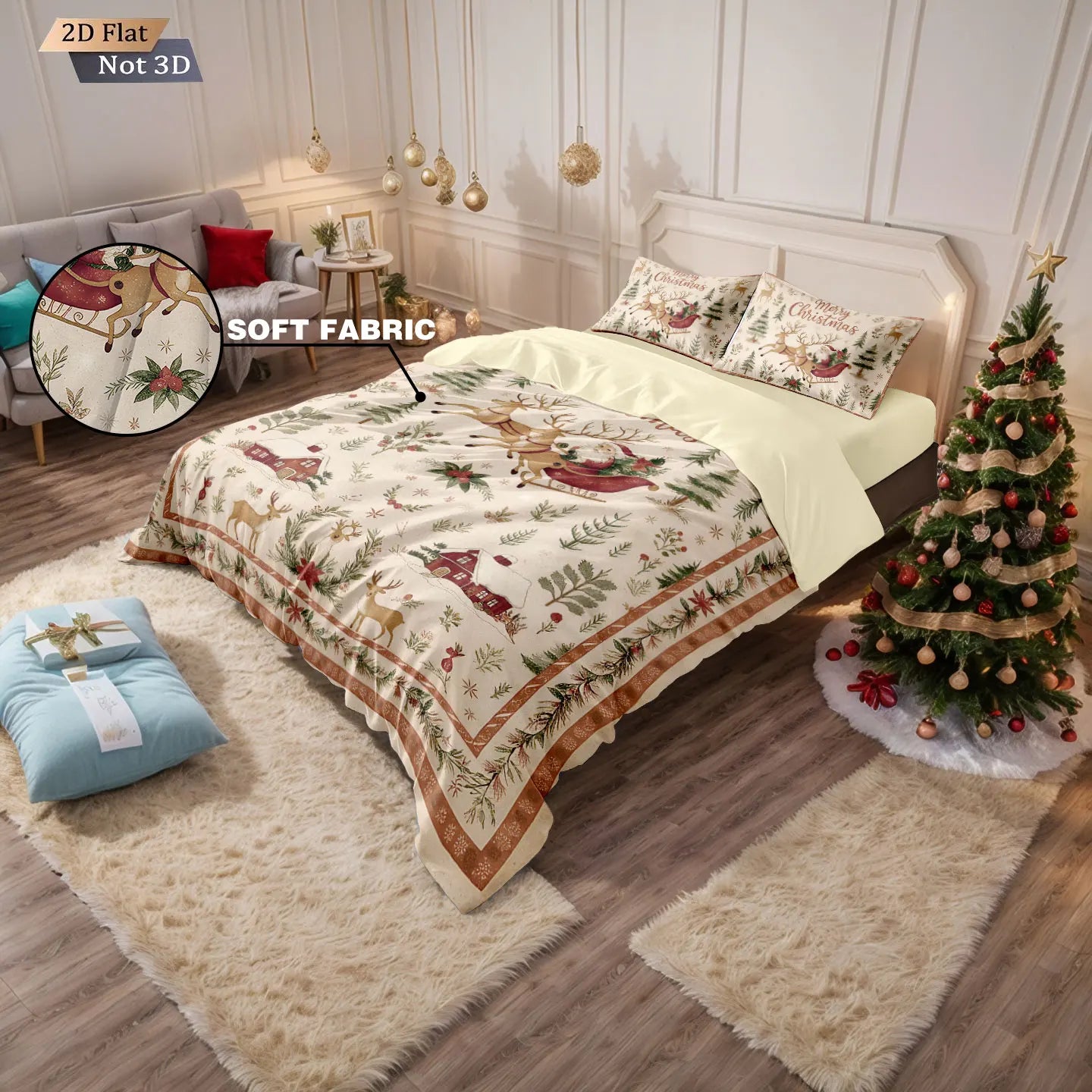 3pcs Santa Claus printed coreless bedding set, multi size bedroom dormitory duvet covers, soft and machine washable decoration