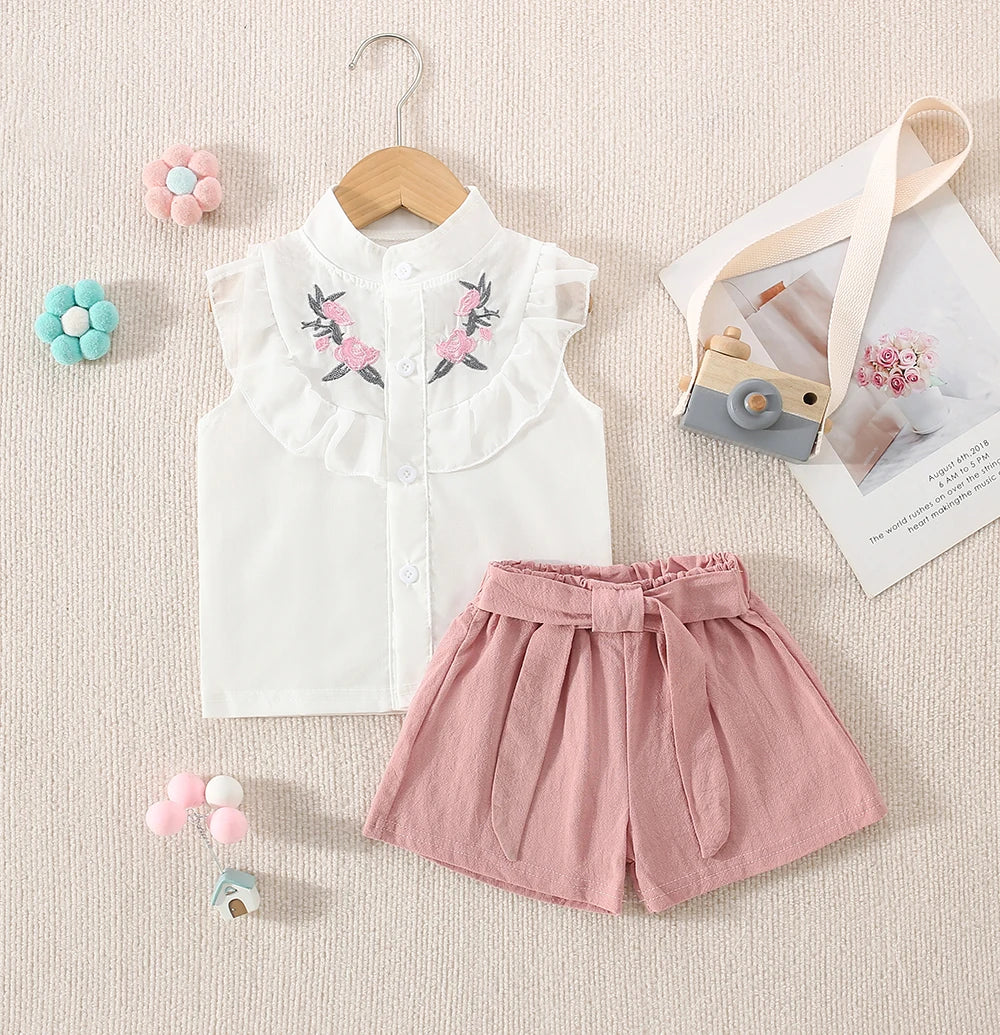 Summer New Simple Style Baby Girl Set, Flower Embroidered Children'S Clothing Suitable For Babies Aged 9 Months To 3 Years Old