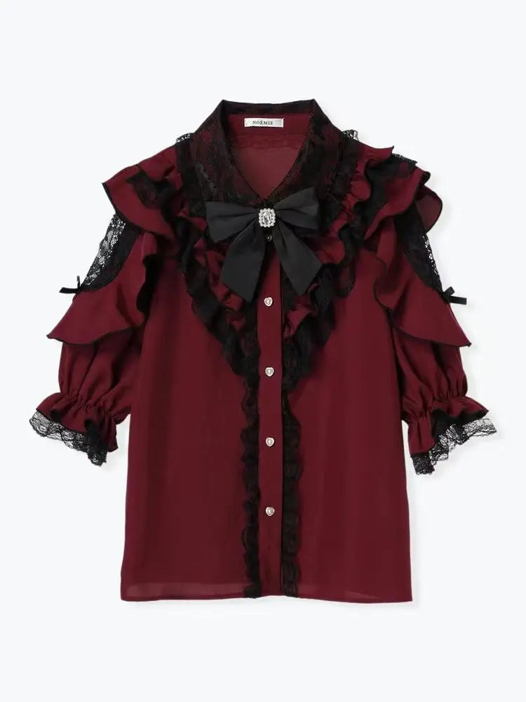 Noemi Inspired Ruffle Bow Top - Japanese Dark Femme Off-Shoulder Blouse, Lace Trim Bell Sleeve Shirt for Yami Kawaii & Lolita