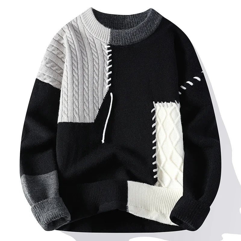 2025 New Male Patchwork Sweater Trend High Street Fashion Autumn and Winter Warm Mens Hip-hop Street Clothing Men pullover shirt