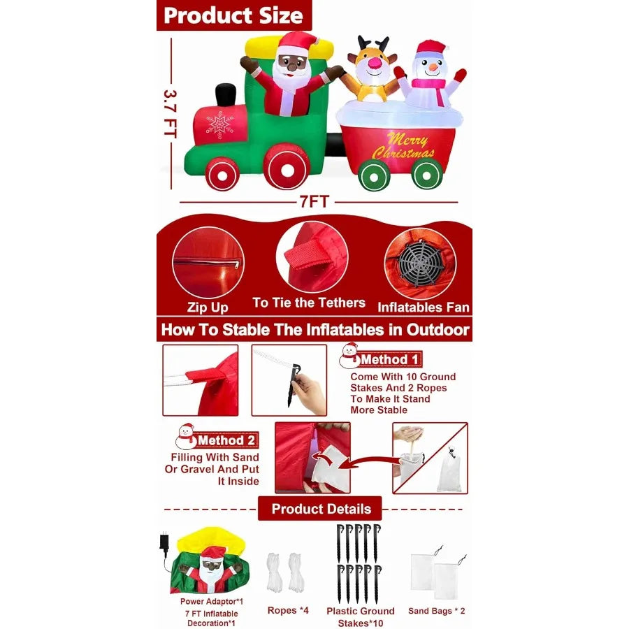 7 FT Long Christmas Inflatables Train Outdoor Decoration Christmas Blow Up Yard Decor with Black Santa Claus Driving Snowman El